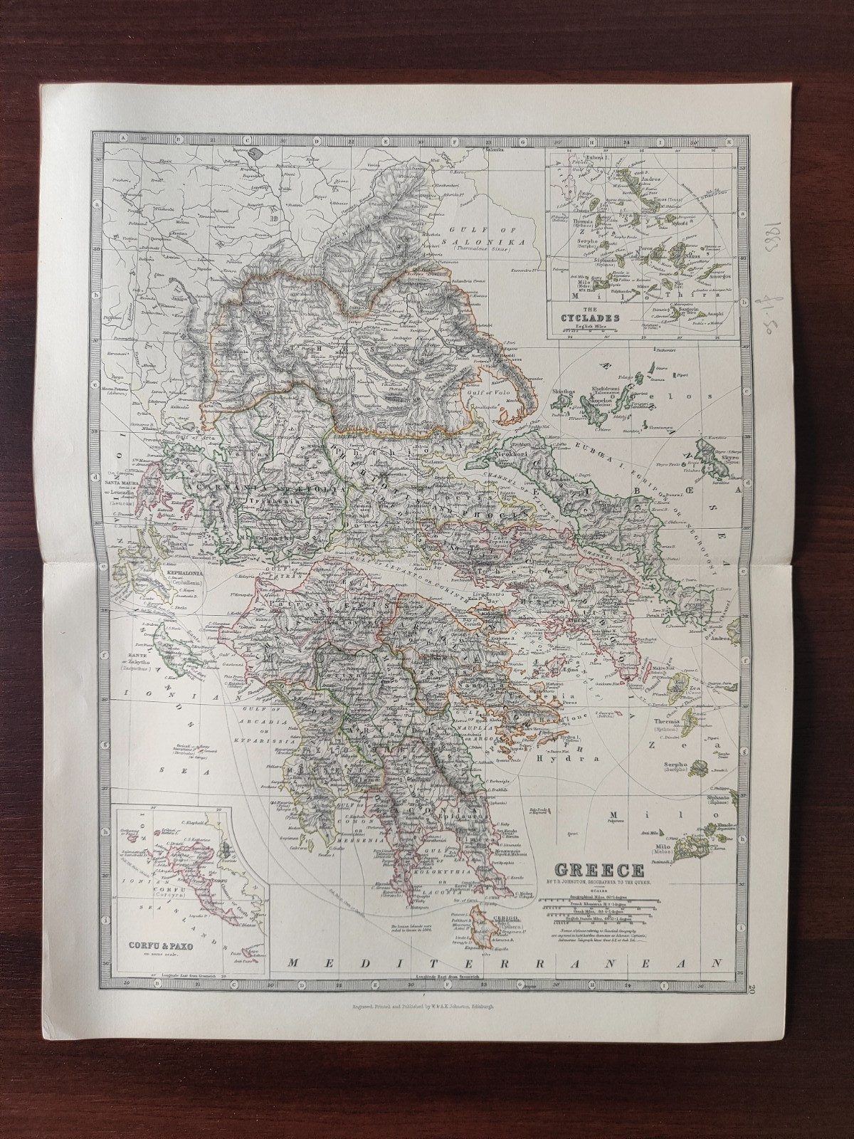 ORIGINAL ANTIQUE COLOUR OVERVIEW MAP BY -T.B. JOHNSTON-GREECE-1880CA