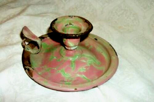 Antique French Graniteware Enamelware Candle Holder Chamberstick 1900s Pink Rare
