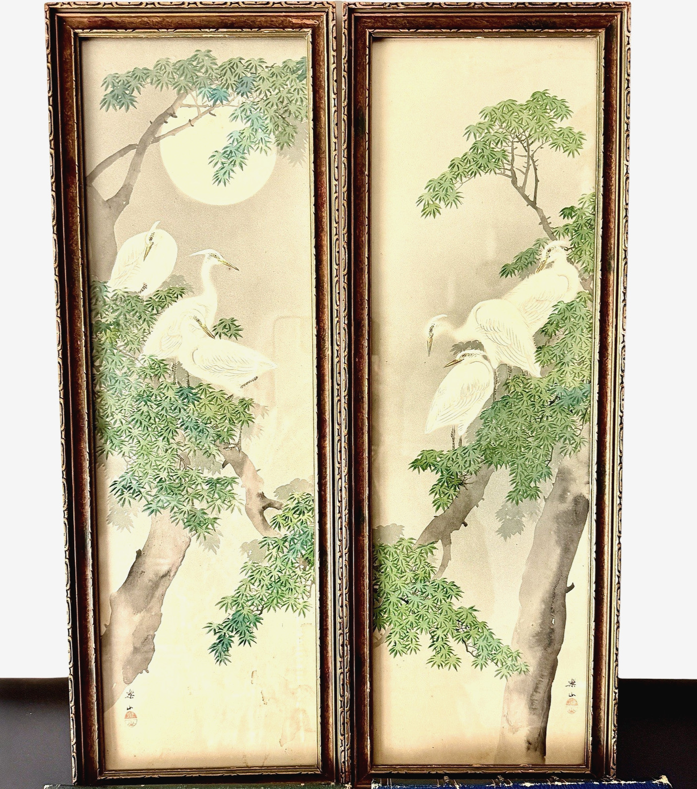 Pair Rakuzan Tsuchiya Japanese Woodblock Prints Cranes Herons Moon Signed Framed