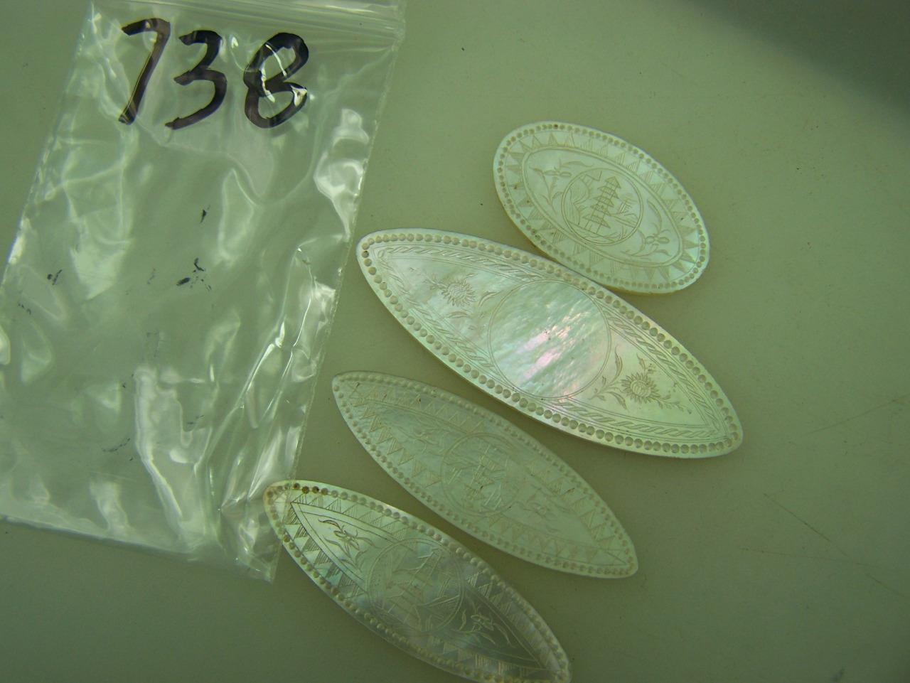 4 MOP Mother of pearl Oriental oval gaming gambling tokens engraved 738