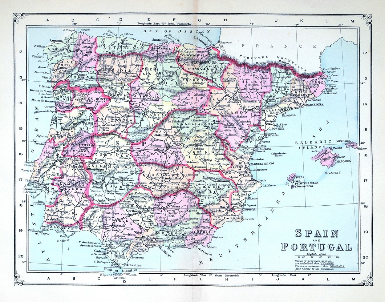 1896 Johnson Map Spain Portugal Madrid Lisbon Toledo Seville Granada Braga Porto