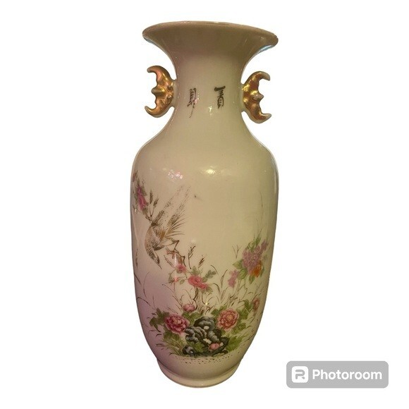 Porcelian Chinese vase w/pink flowers/a bird – 9″ tall – stamped on the bottom