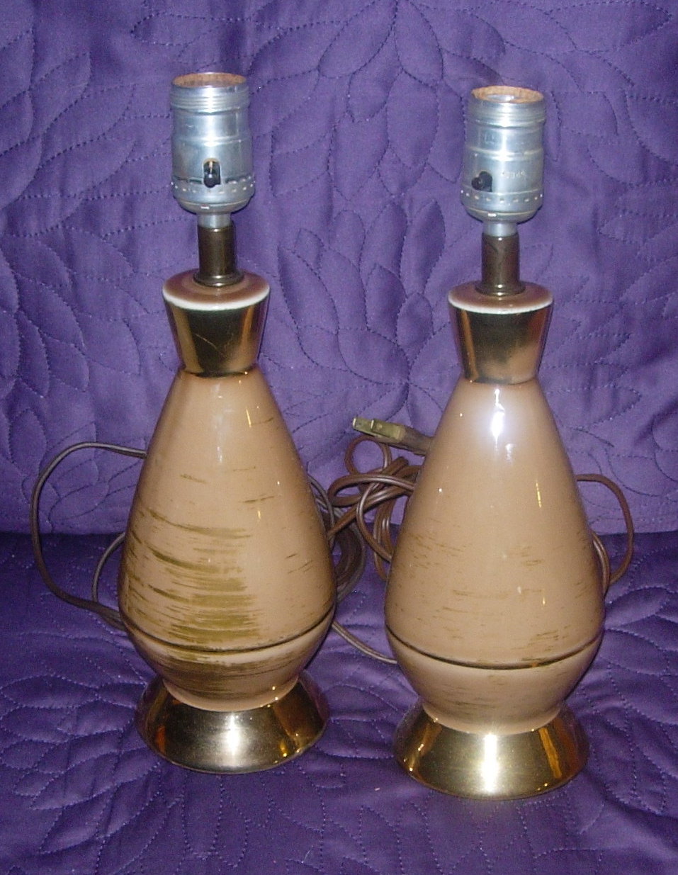 MID CENTURY MODERN SMALL TABLE LAMPS BOUDOIR MATCHING PAIR BROWN AND GOLD