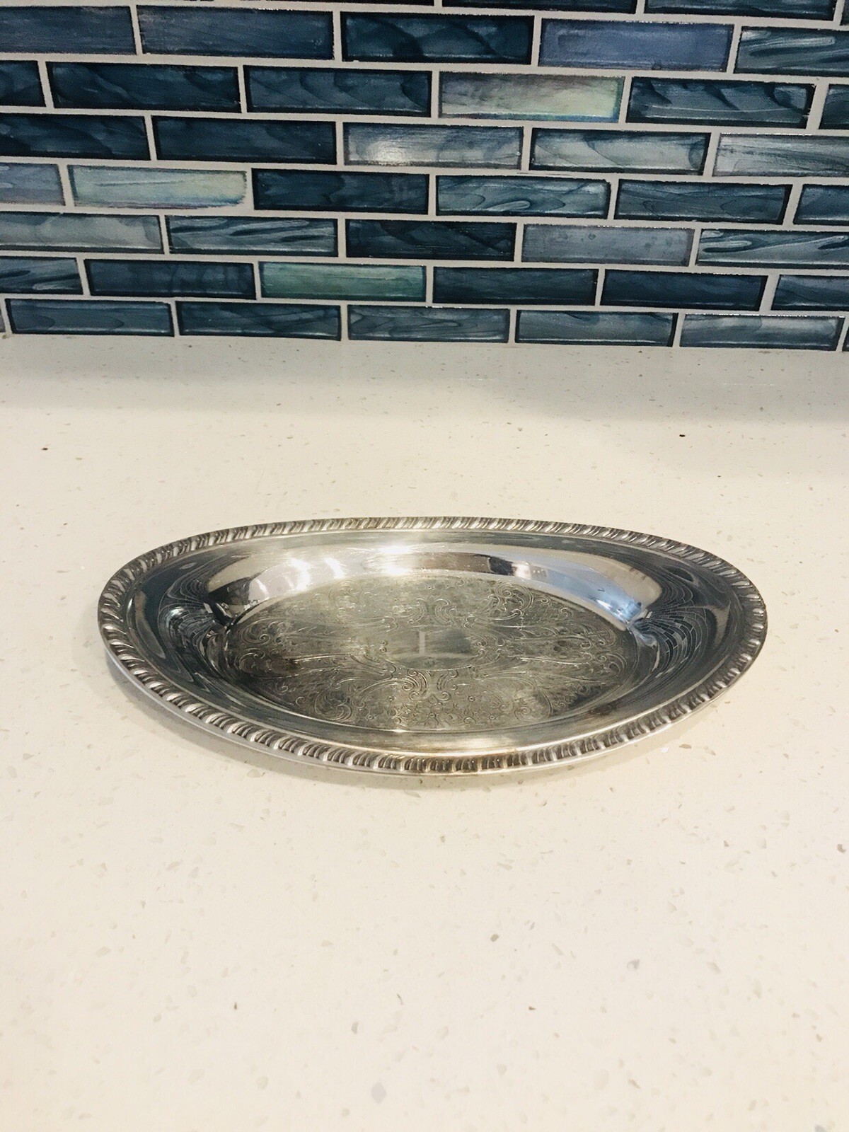 Mcm Regency Silver Plate Oval Tray Nut/Candy Dish floral design 9″