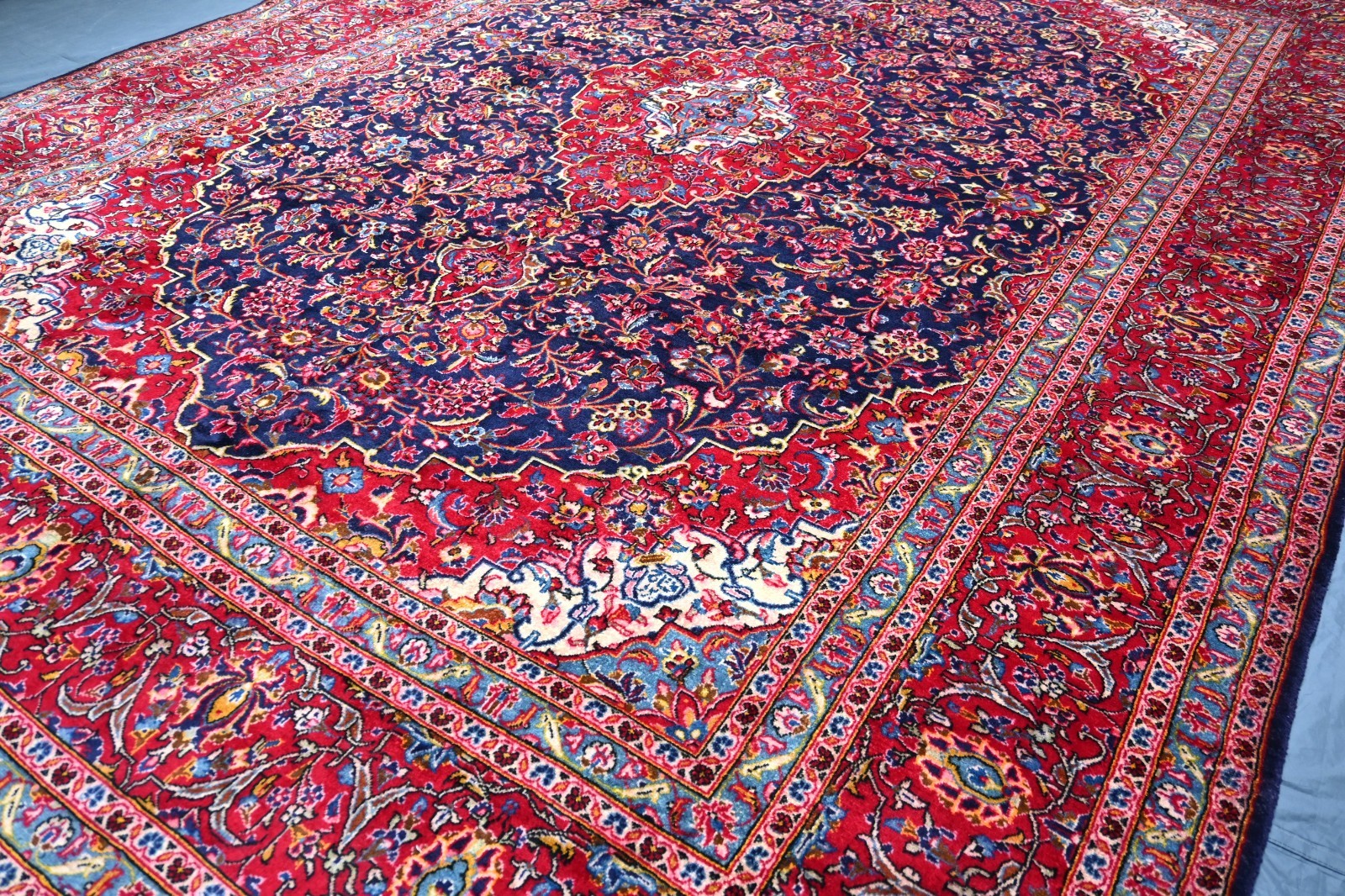 Blue Antique Caucasian Rug 10×13 ft Handmade Heris Kazak Vintage Oriental Carpet