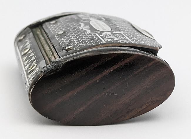 VICTORIAN SILVER PIQUE & LACQUER SNUFF BOX ‘ROBERT BRUCE 1859’
