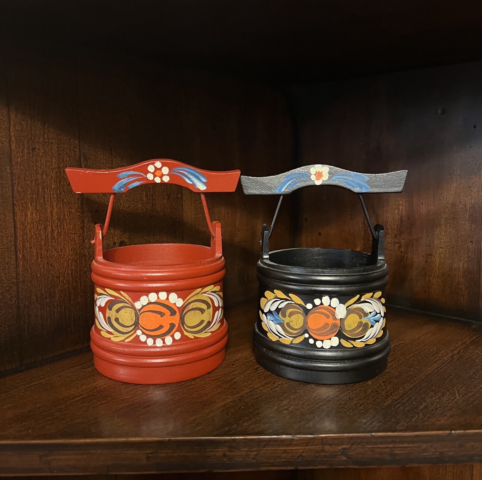 Vintage Norwegian Mini Wooden Bucket Hand painted Made In Norway Lot Of 2