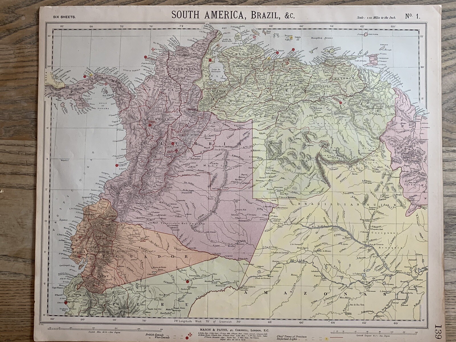 1889 VENEZUELA COLOMBIA ECUADOR ANTIQUE MAP BY LETTS, SON & Co. 131 YEARS OLD