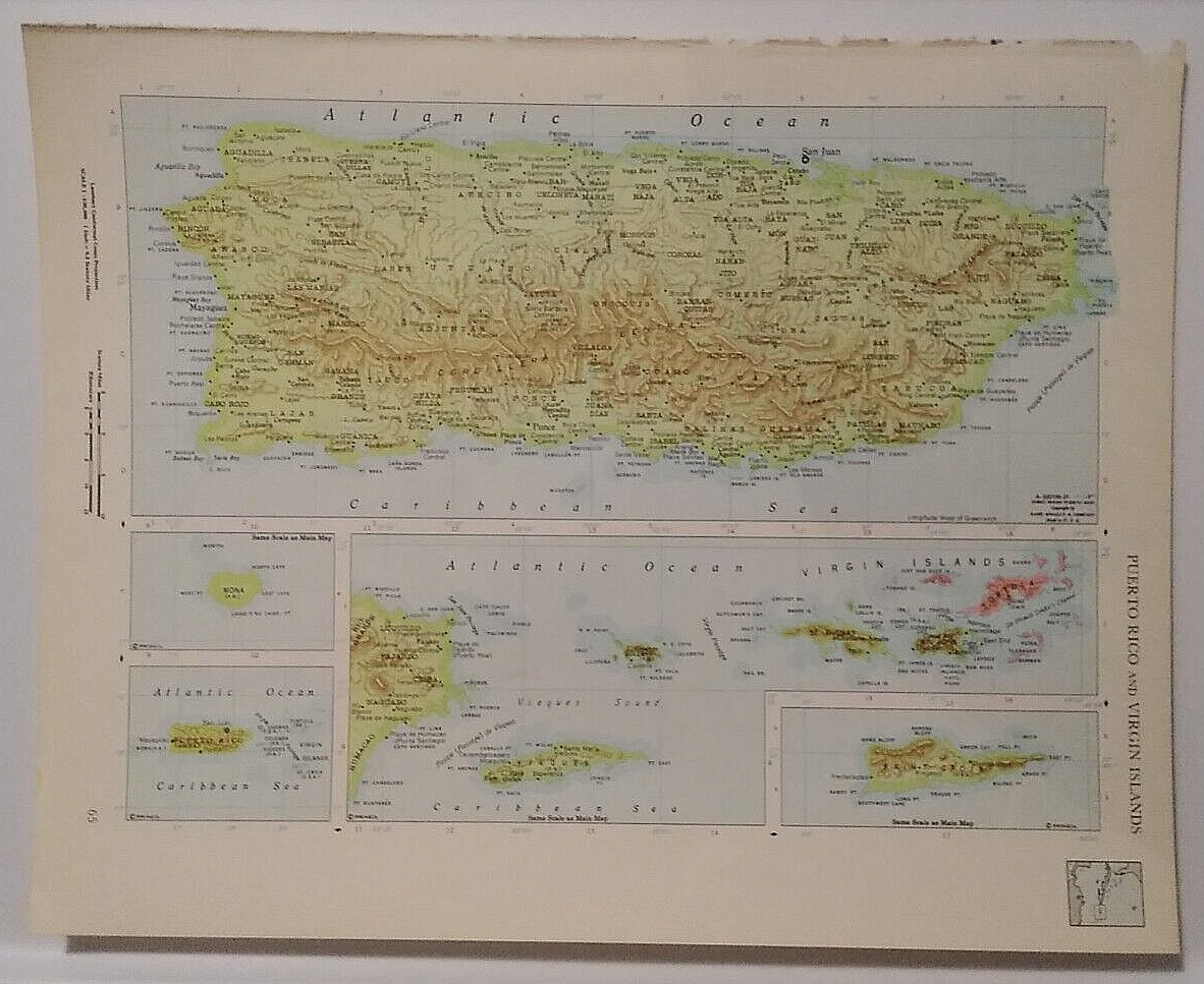 1960’s Vintage PUERTO RICO & VIRGIN ISLANDS Atlas Map – Rand McNally World Atlas