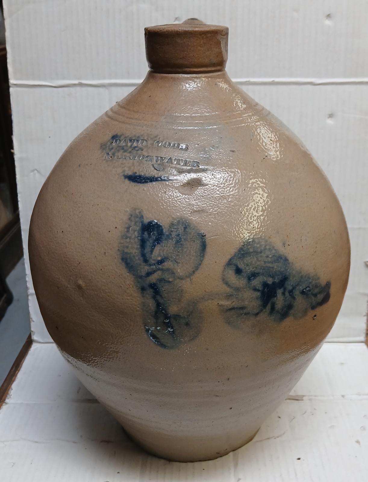 Antique 1930 David Cobb Salt Glaze w/blue Ovoid Stoneware Jug