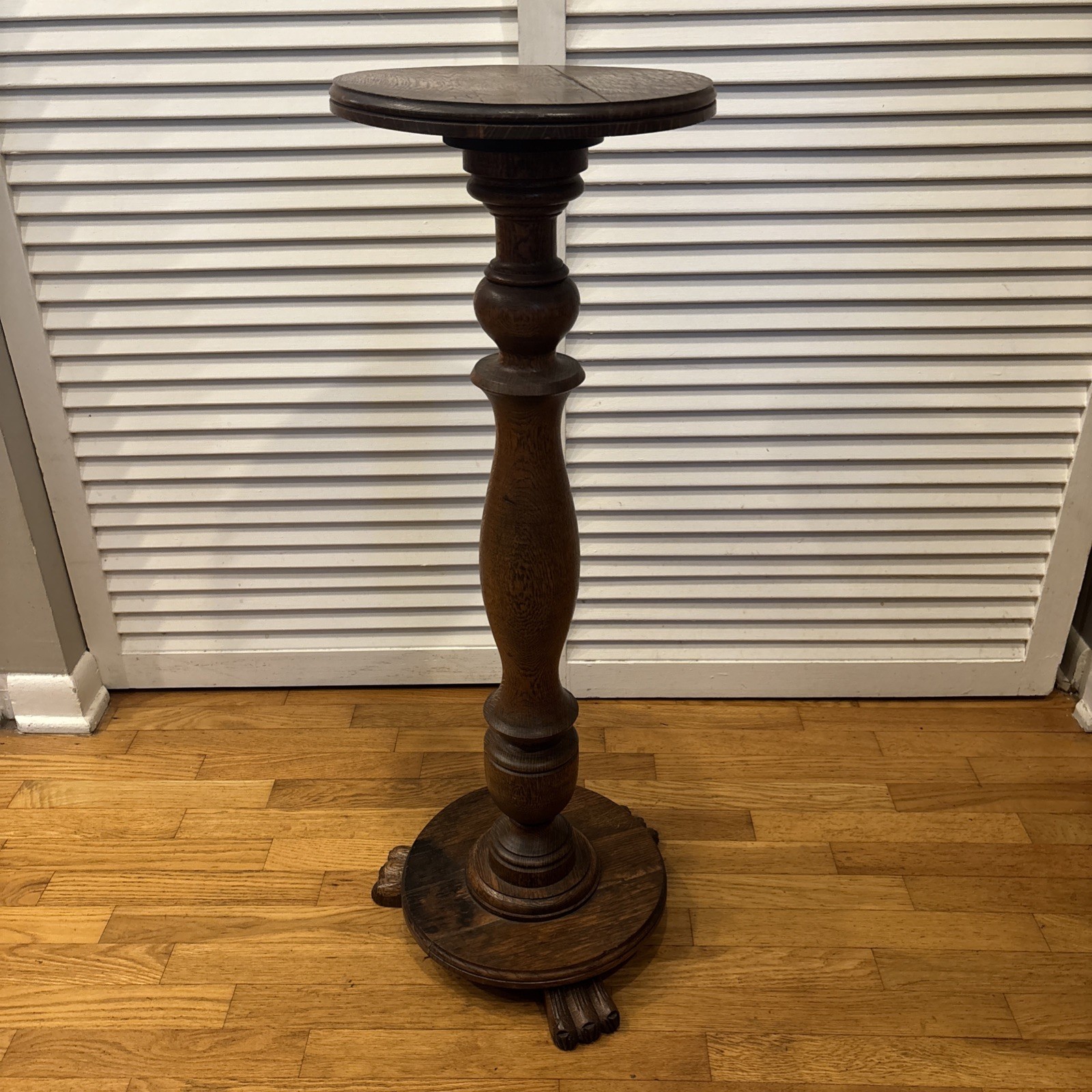 Antique Oak Pedestal Plant Stand 36 Inches Tall With Claw Feet