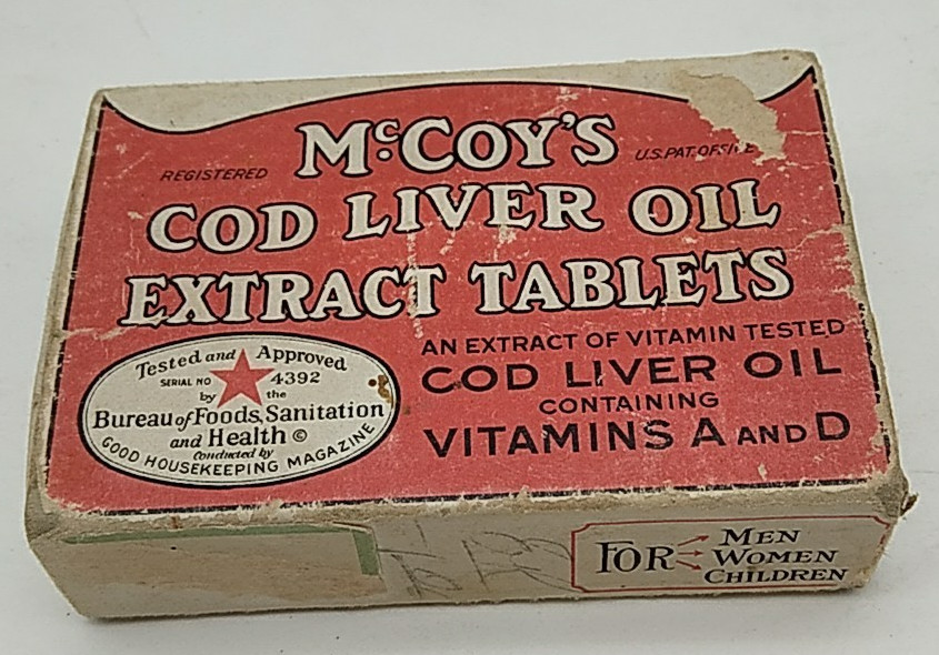 Antique McCoy’s Cod Liver Oil Extract 110 Tablets Apothecary Empty Cardboard Box