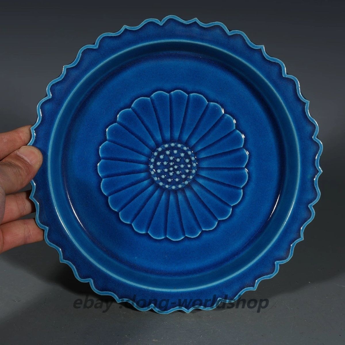 7.4″ China Dynasty Blue Glaze Porcelain Chrysanthemum Petal Flower Mouth Plate