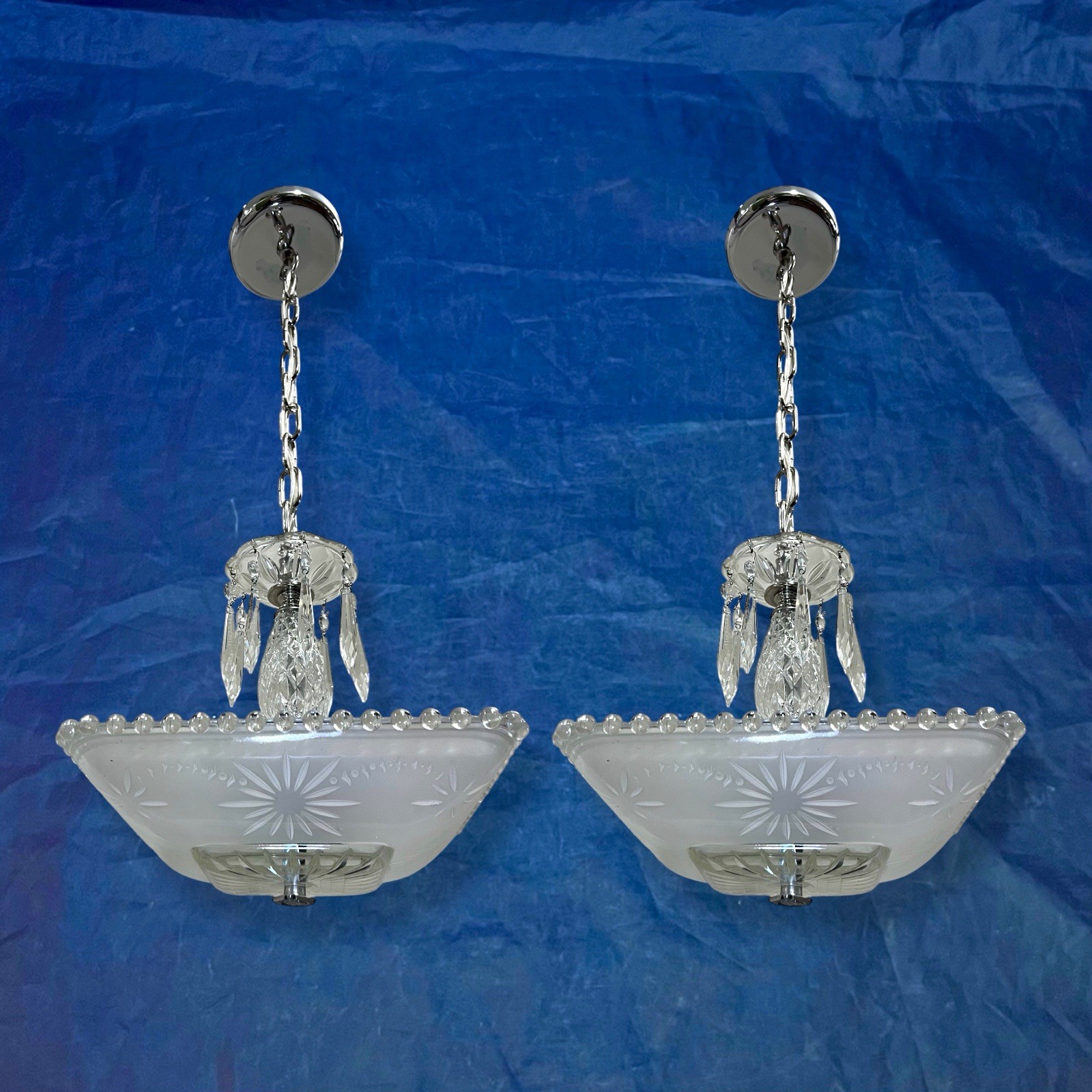 PAIR Glass Chrome Fixtures Square Shades Antique Vintage Great EH70