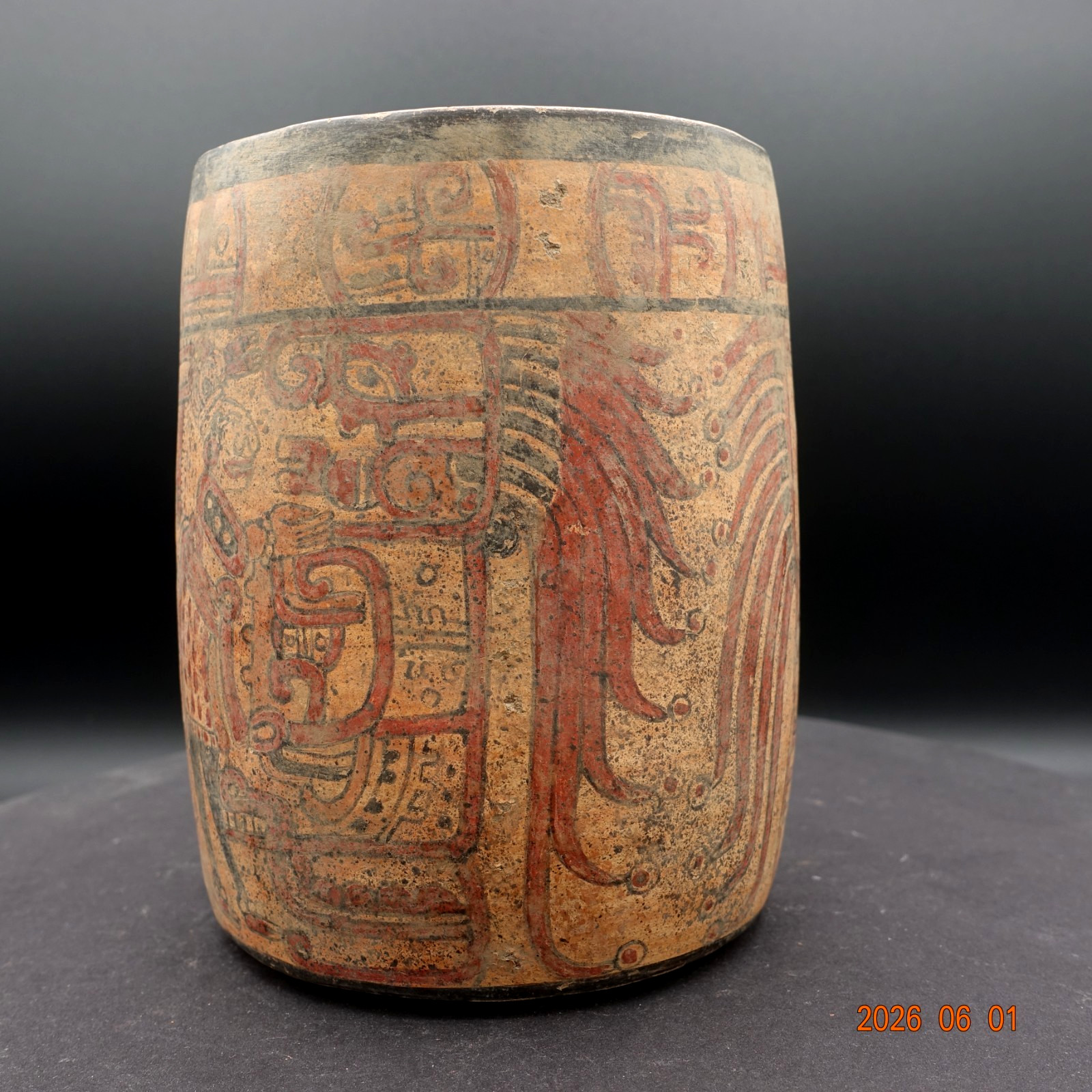 Pre-Columbian Authentic Artifact Ceramic Pottery Poly-Chrome Large Maya Cylinder