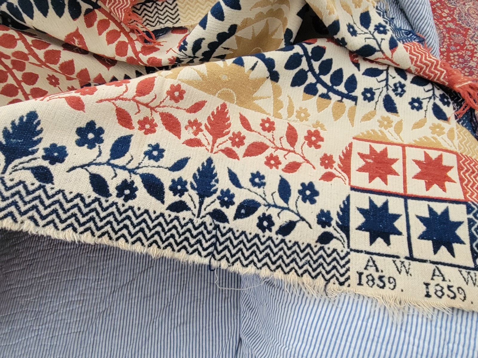JACQUARD COVERLET COLORFUL SIGNED DATED A.W. 1859 76X90″