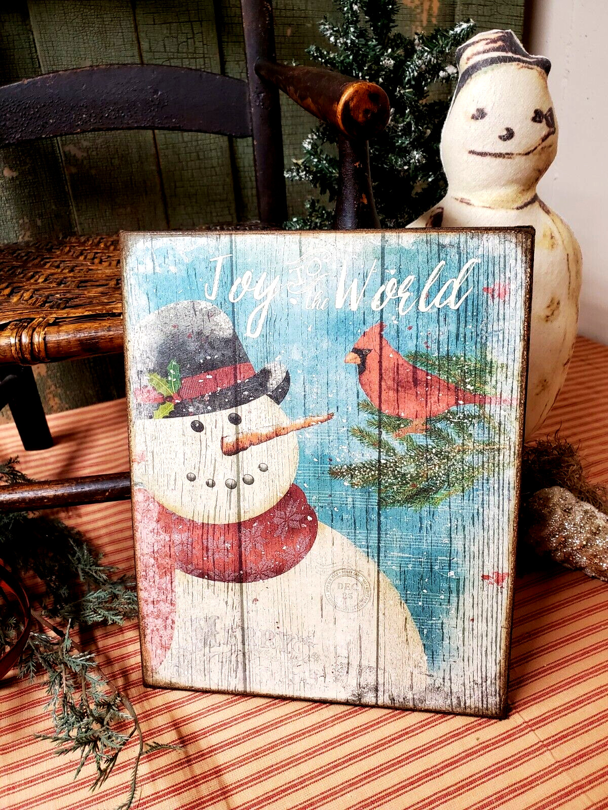 VINTAGE FOLK VICTORIAN PRIMITIVE STYLE CHRISTMAS JOY TO THE WORLD SNOWMAN SIGN