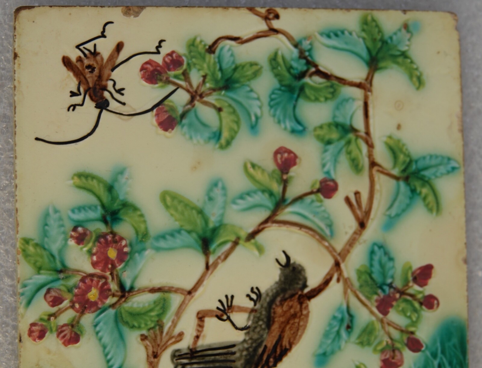 ANTIQUE WALL TILE CHERRY TREE W/ BIRD AND FLY ARTIST GEORG SCHMIDER GERMANY