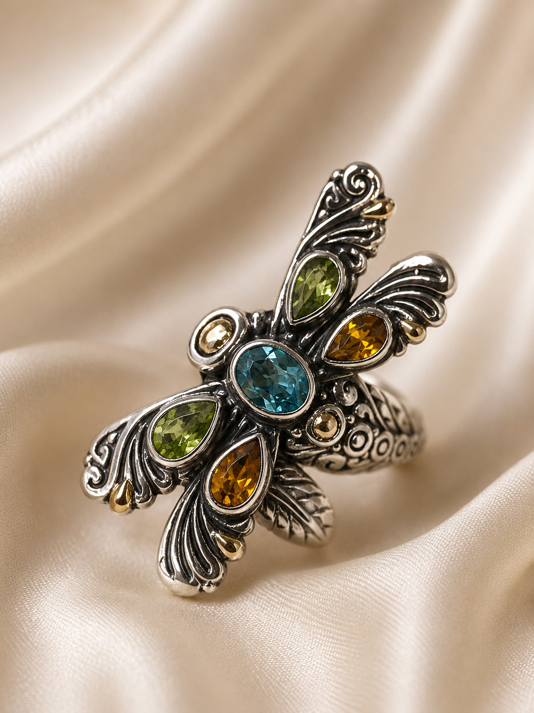 Silver Multi Gemstone Dragonfly Ring 18K Gold Accent Oxidized Statement jewelry