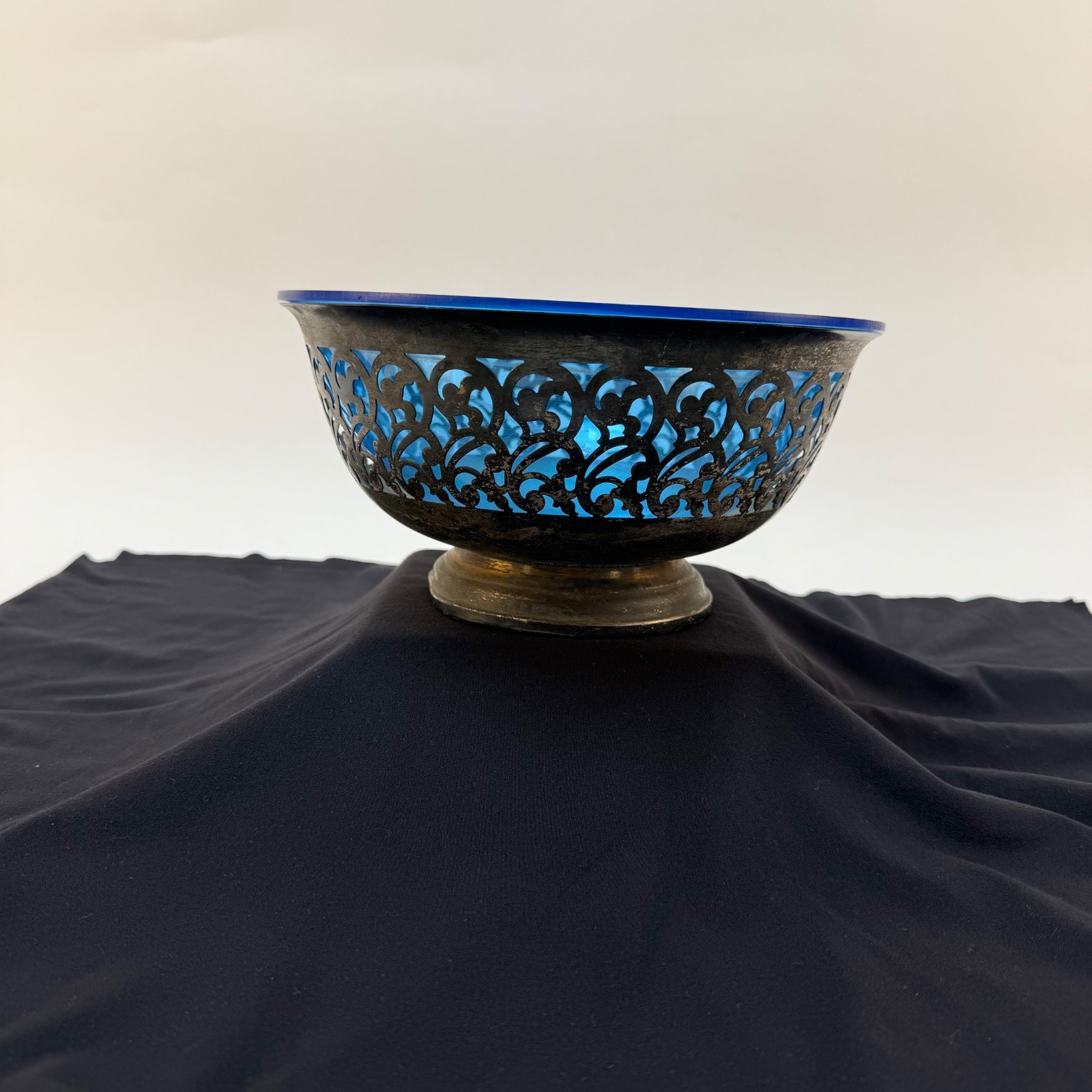 Vintage Silver Plated Bowl with Plastic Blue Liner and Floral Lattice Design