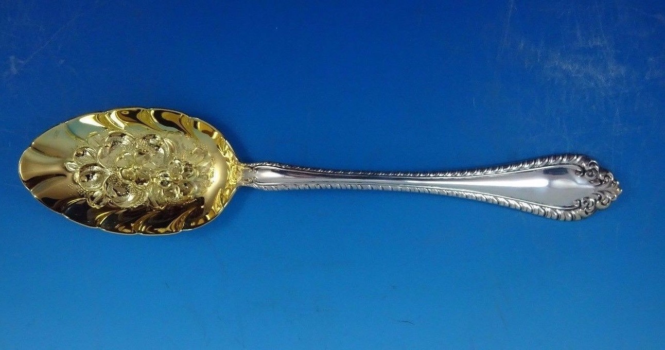 Melrose by Alvin Sterling Silver Berry Spoon w/ Gold Wash Flowers in Bowl 10057