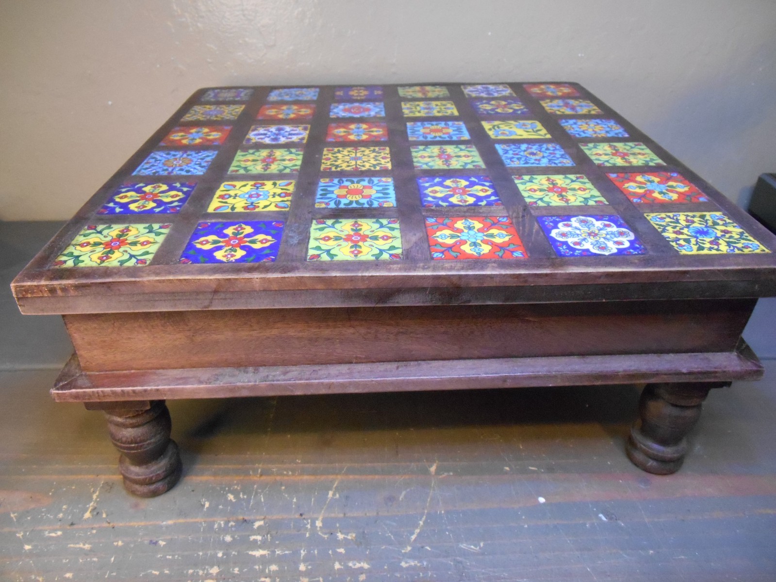Wooden Chowki Handmade Table Top Riser Monterrey Style Colored Tiles. 15″x15″