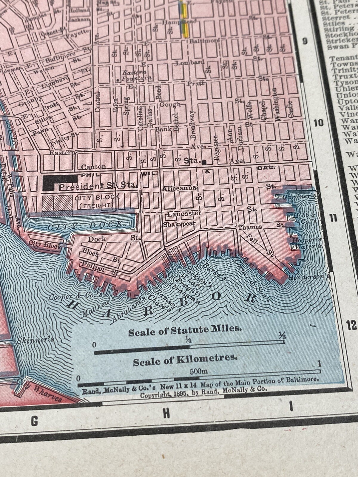 1895 Map BALTIMORE, John Hopkins Univ., Penitentiary, MARYLAND & DE on Reverse