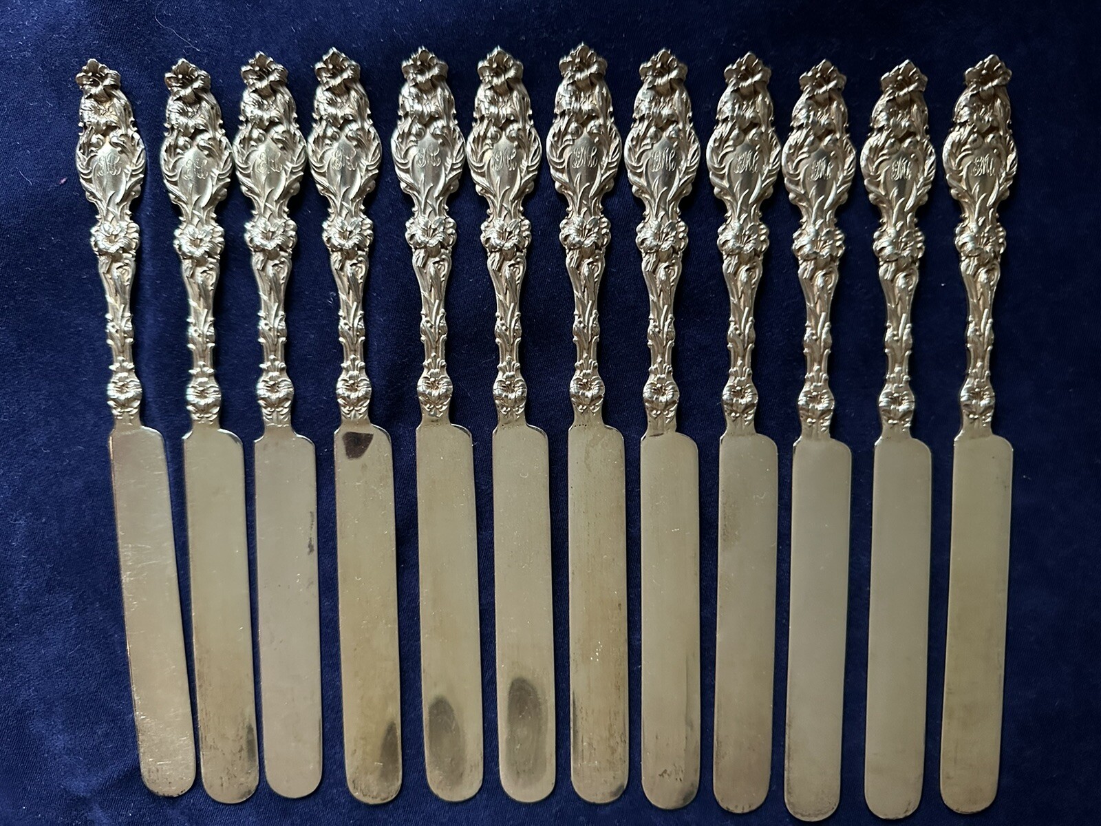 Whiting Lily Pattern Gilt Breakfast Set – Forks & Solid sterling knives – 12 ea