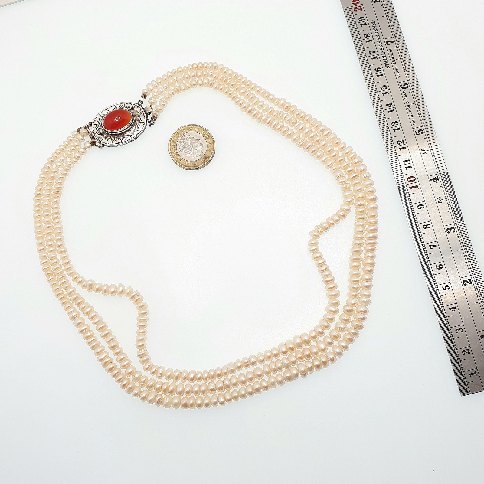 Antique Solid Silver Freshwater Pearl Necklace Large Carnelian Clasp Triple