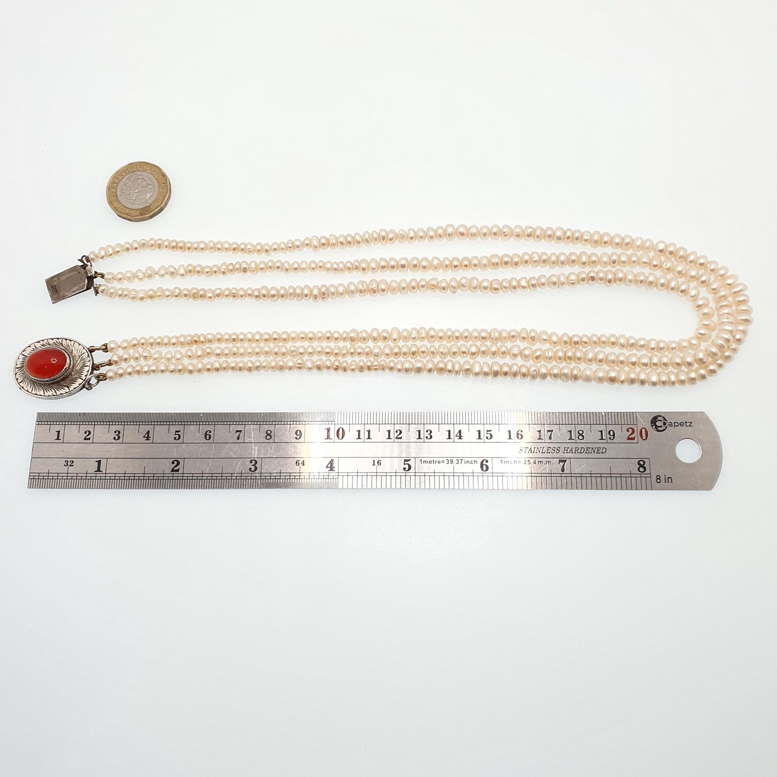 Antique Solid Silver Freshwater Pearl Necklace Large Carnelian Clasp Triple