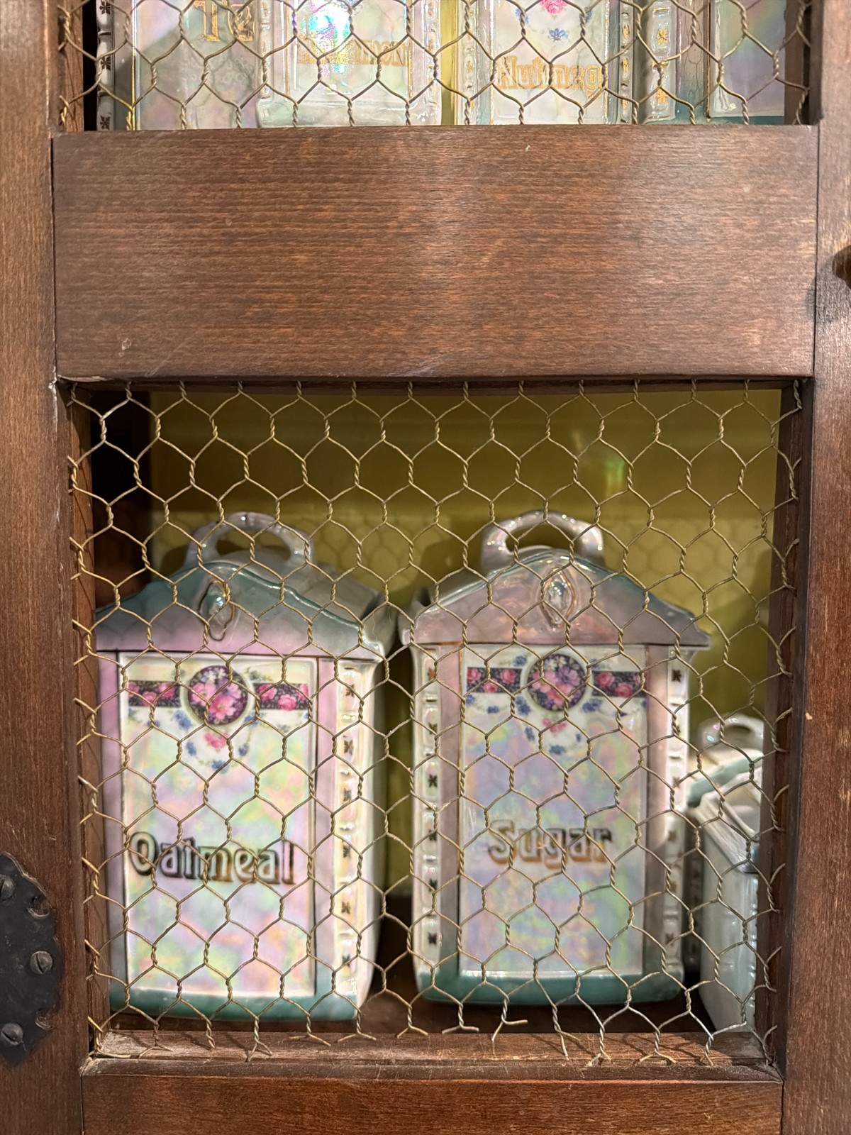 Antique Lusterware Spice Cabinet Set Complete Kitchen Canisters 1920s 1930s