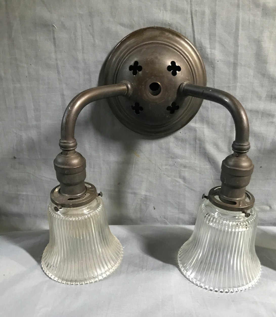Pair Antique Gothic Mission Brass Double Glass Sconce Interior Lights 1211-25B