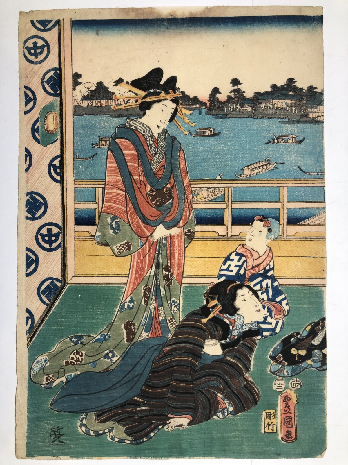 Toyokuni Woodblock Print: Tale of Genji? Beauty on balcony