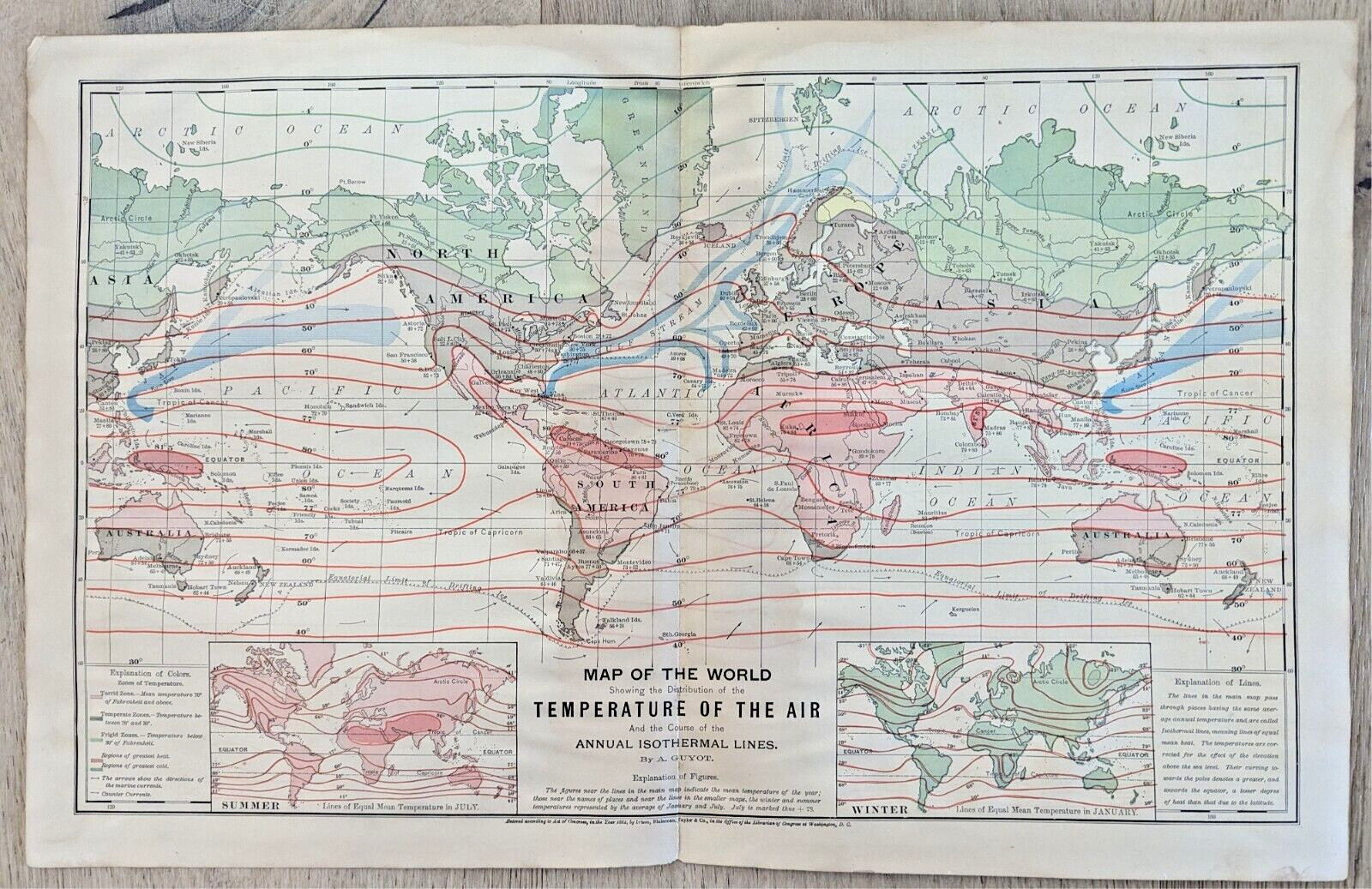 1884 World Air Temperature Map A Guyot Isothermal Lines Climate Zones