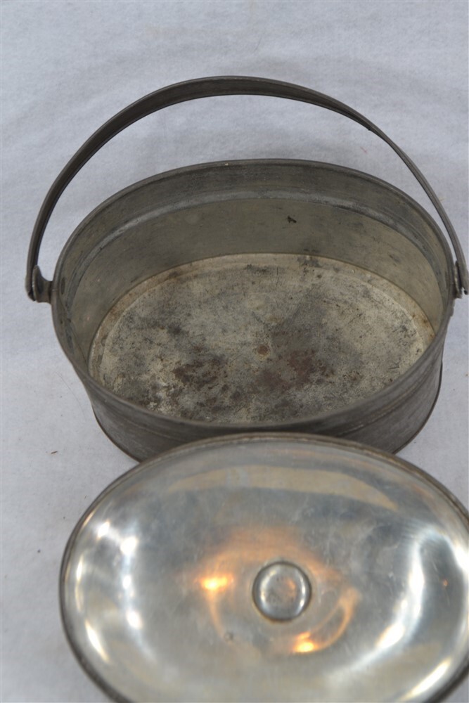 antique early dome lid oval tin pail bucket fancy 7x5x4 oval 18th c original