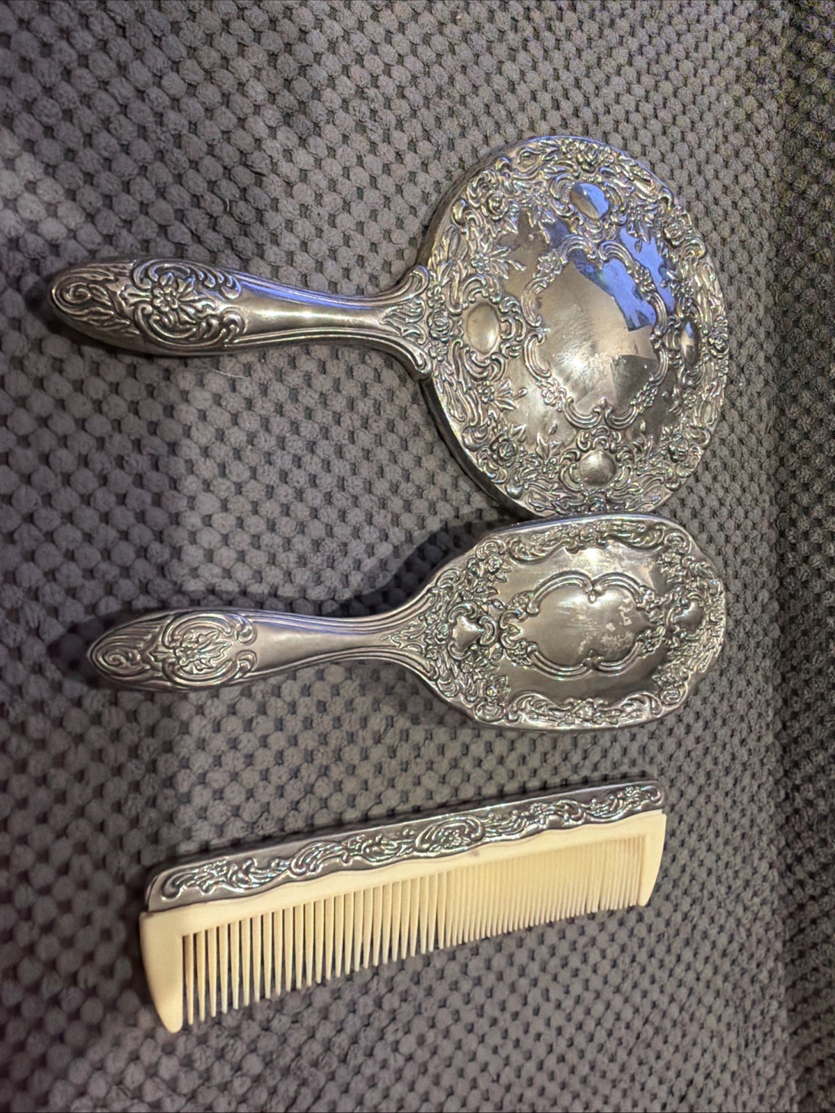 Antique Ornate Silver Plated Handheld Mirror ,Brush & Comb Set Heavy 2lb 3oz #2