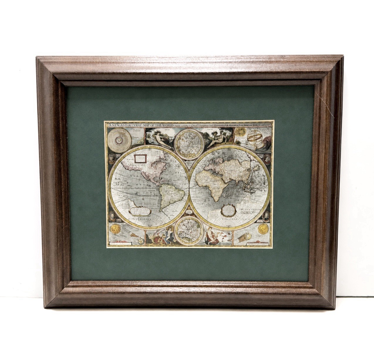Vintage Old World Double Hemisphere Map Framed Shiny Foil Print Office Wall Art