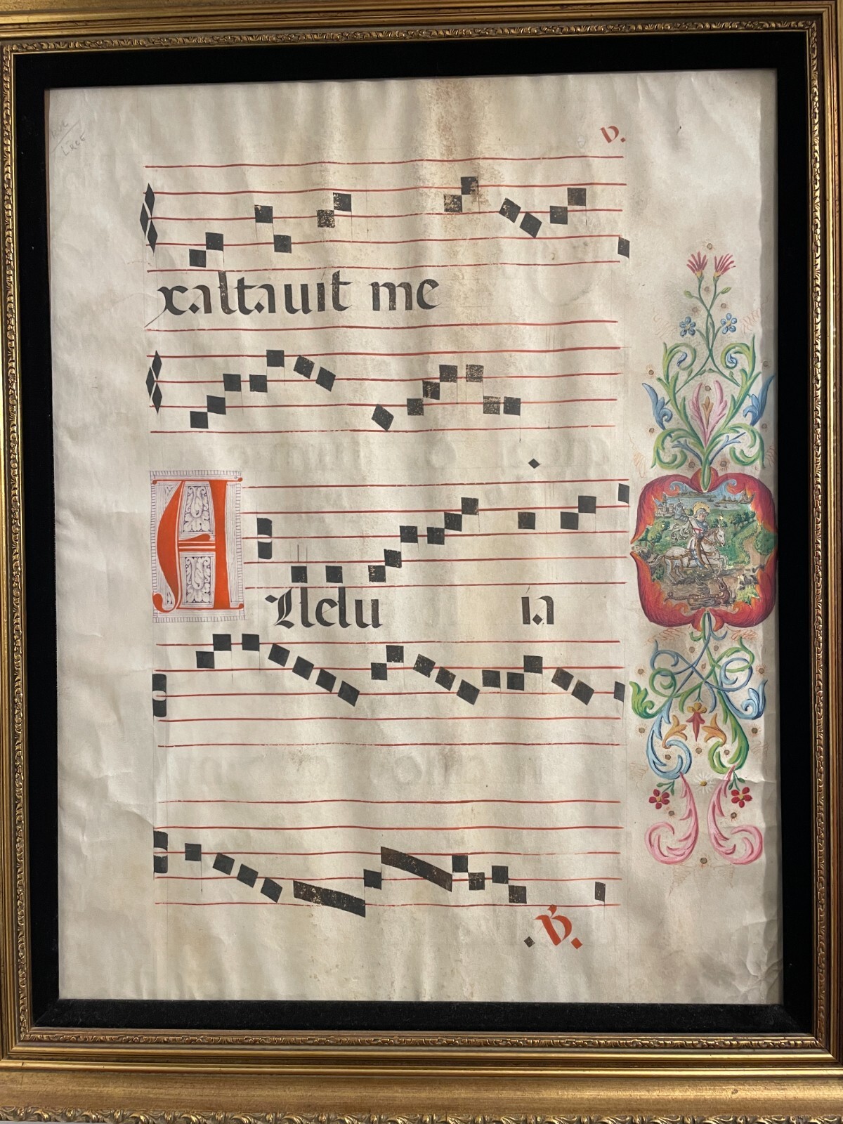Medieval Saint George / Crusades Painted Gregorian Chant Manuscript/Page RARE