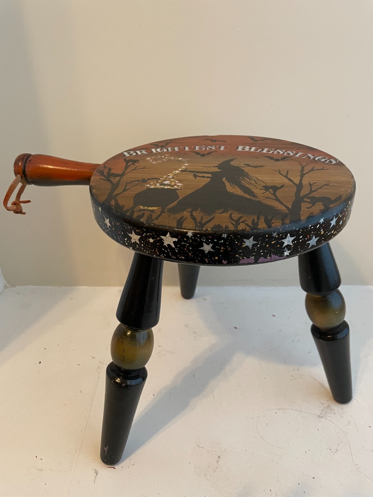 OOAK 2007 Vintage Witch Halloween Wooden Stool Chair Hand Painted & Made
