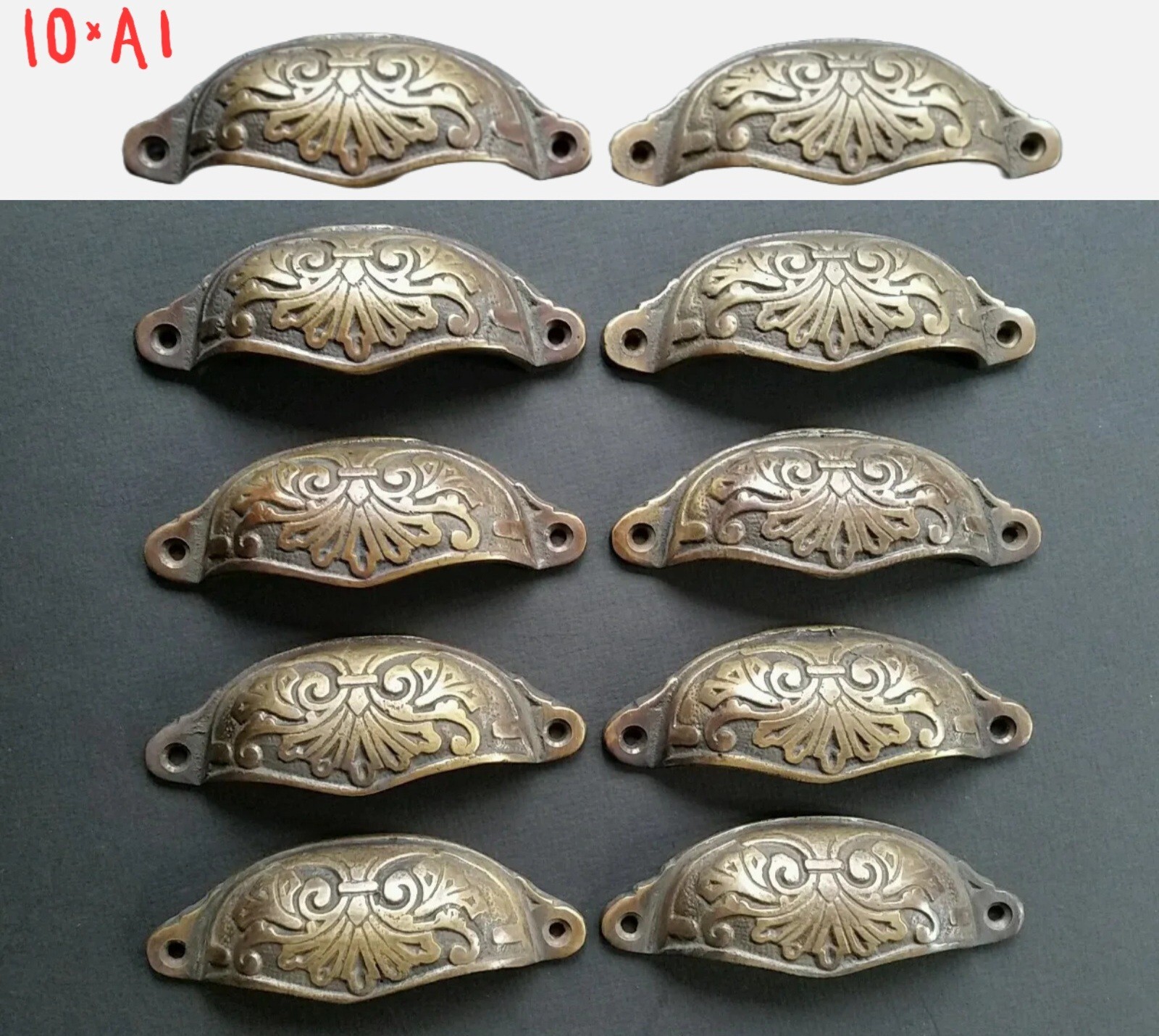 10 Apothecary Drawer Cup Bin Pull Handles 3-1/2″c. Antique Vict. Style Brass #A1