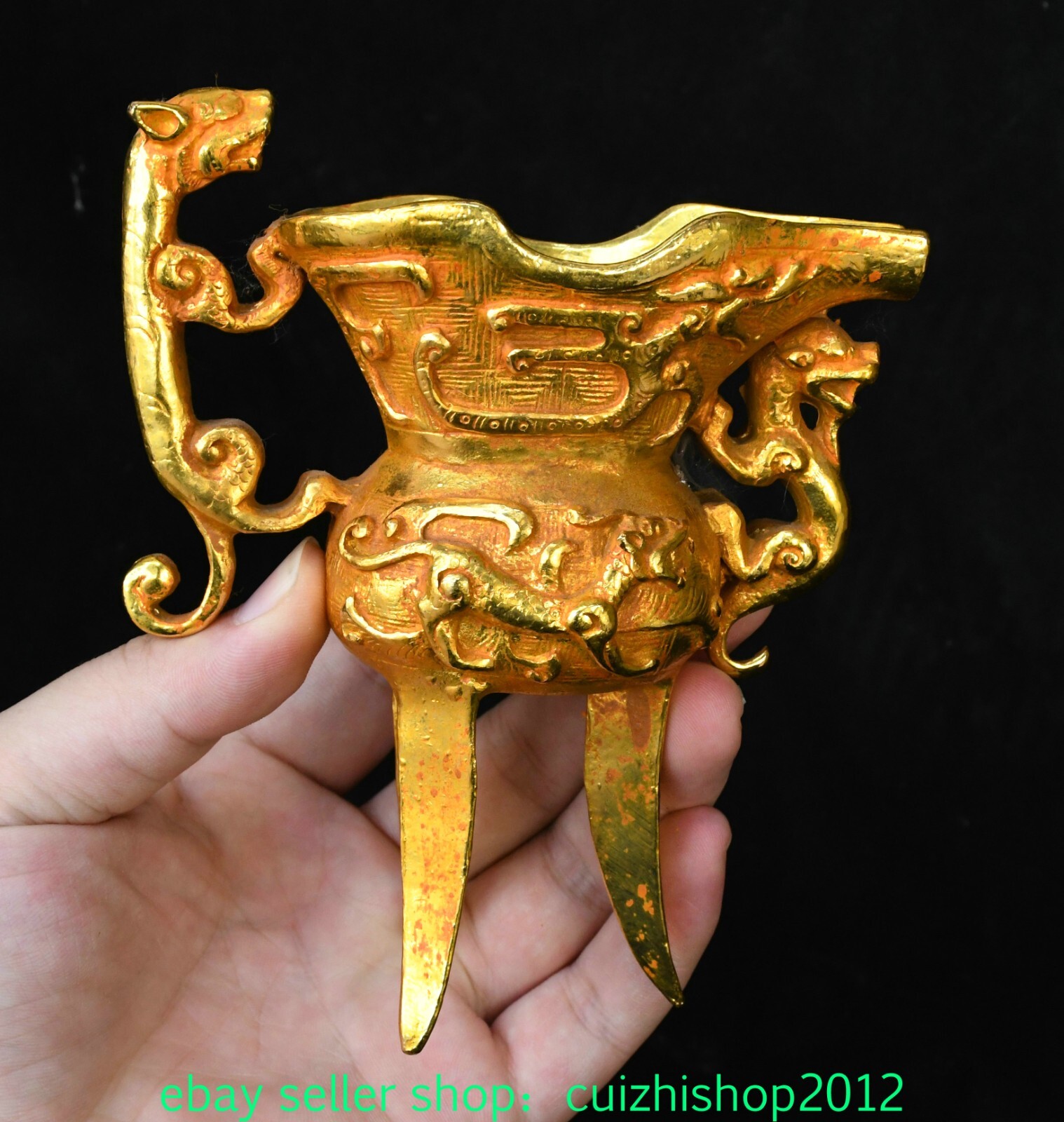5.5” Old Dynasty Pure Bronze Gilt Dragon Loong Ear Beast Animal Zun Wine Cup
