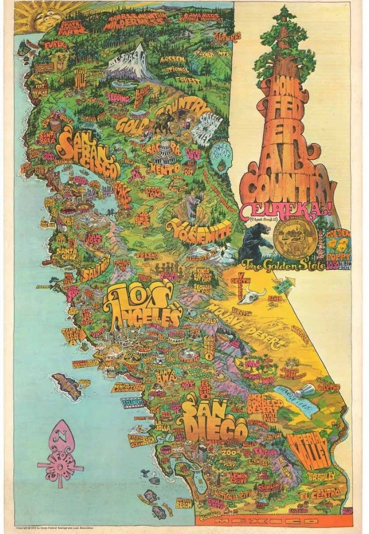 1973 Millsap Pictorial Wall Map of California – Eureka! The Golden State