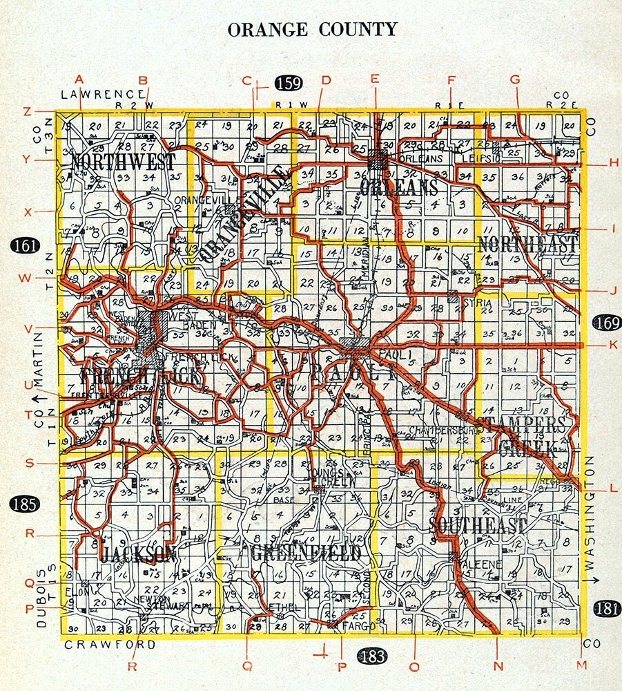 1917 Bowen Auto Road Map – Orange County Indiana – Paoli Orleans French Lick IN