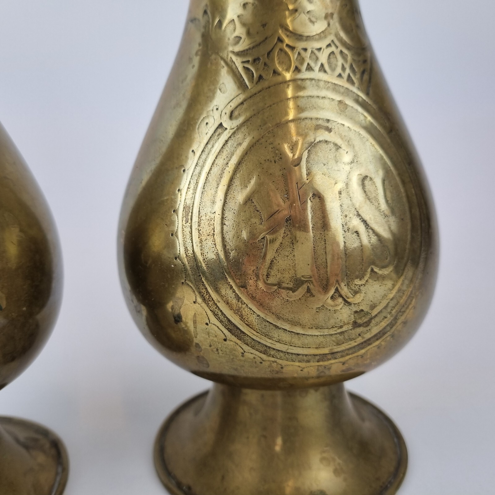 Antique Pair Brass Ecclesiastical Vases IHS Christogram 22.5cm High