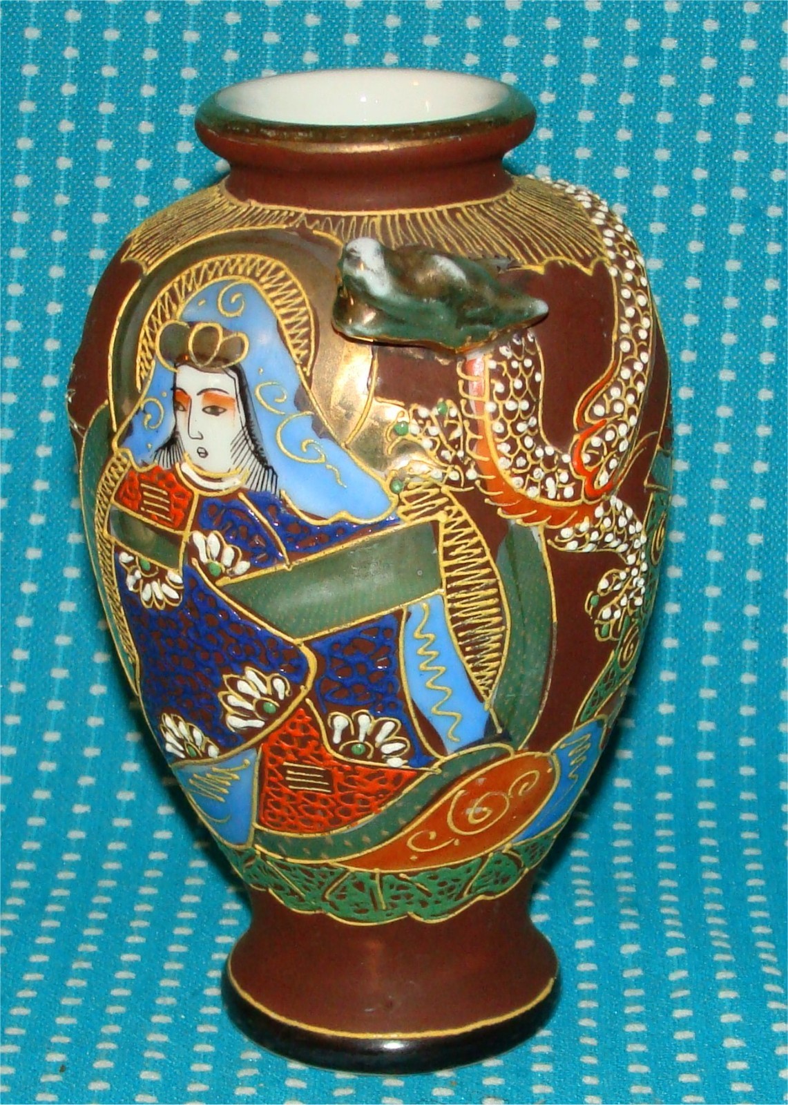 Vtg Satsuma Takito Vase Antique Japanese Figural Moriage Dragon 6 ¼” Brown Gold