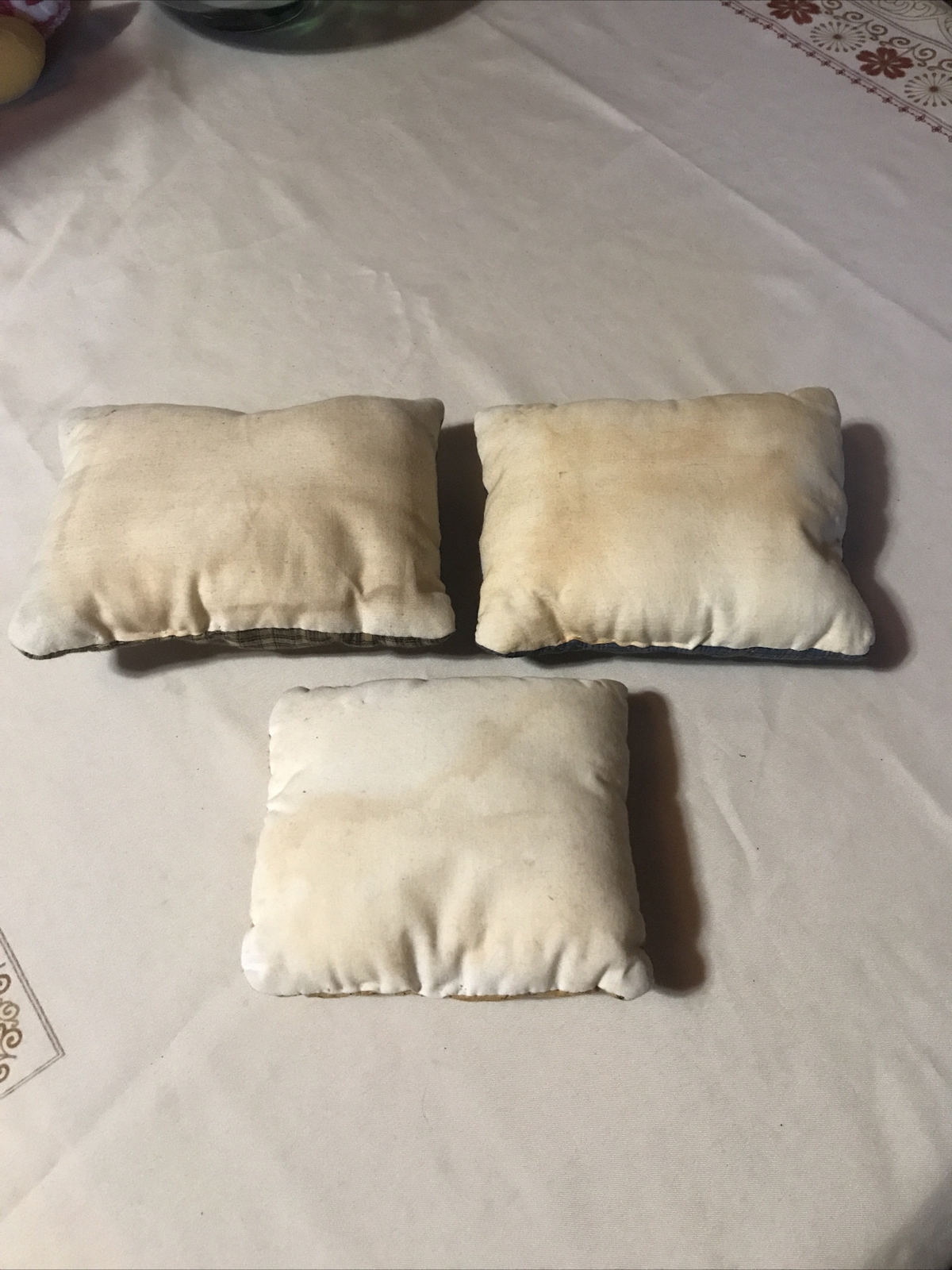 Primitive tiny Sampler Pillow Handmade Folk Art Tea Stained VTG Pillow Lot Of 3