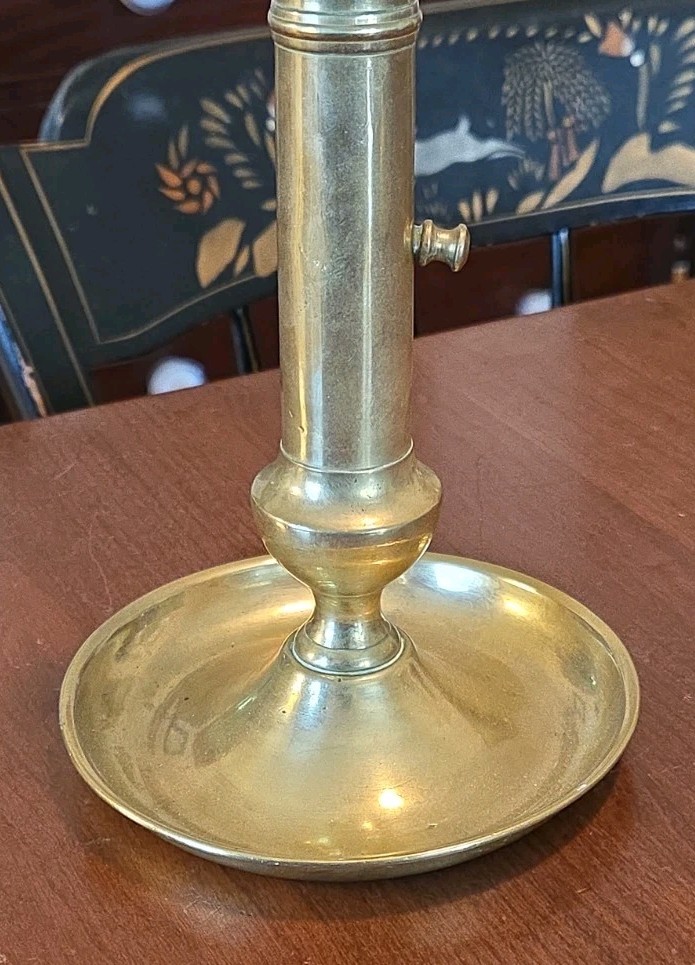Antique Brass Push Up Candlestick Holder Chamberstick 19th Century Saucer Base