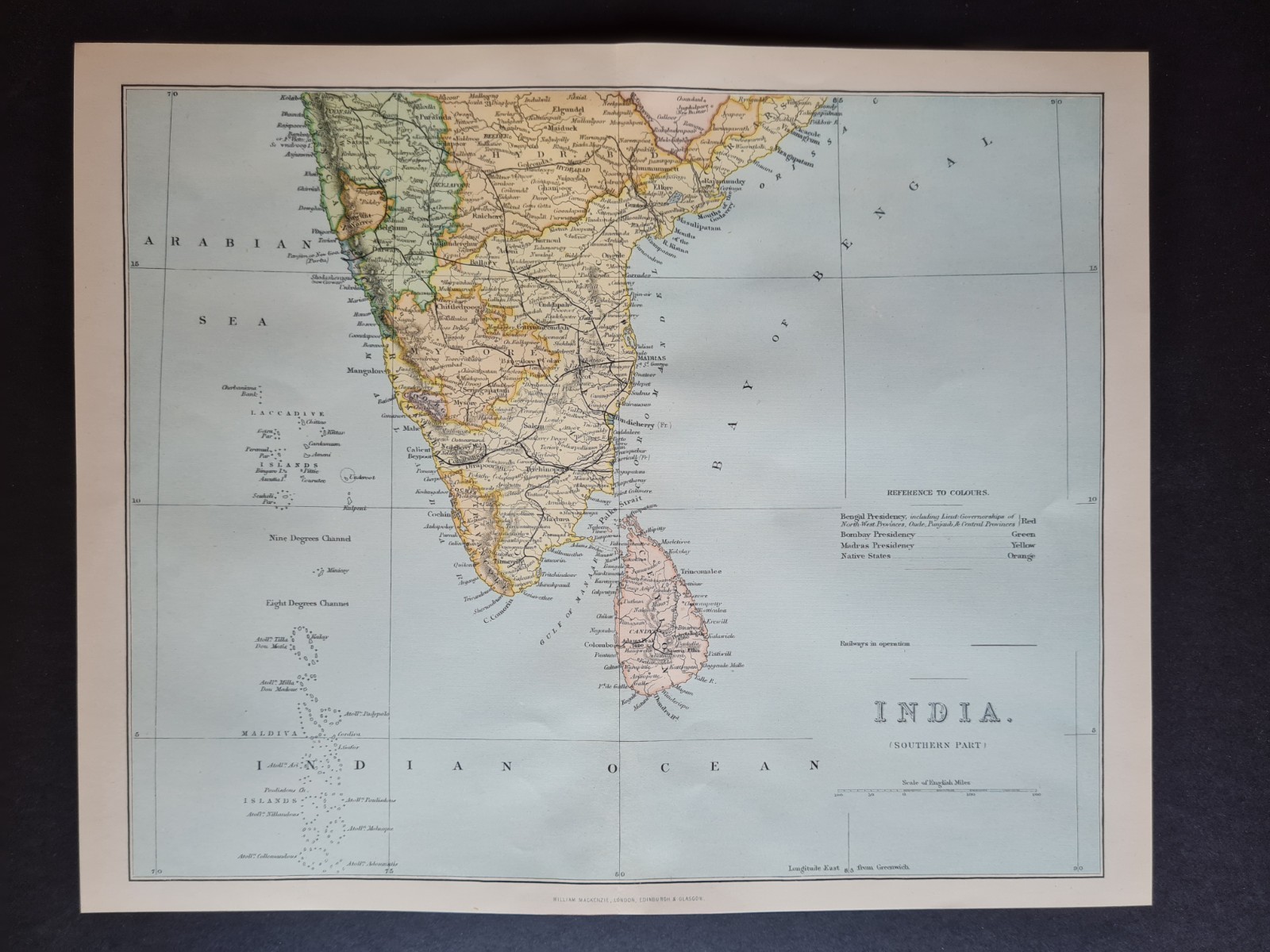 Antique (c. 1890) map – India – Southern Part – Sri Lanka