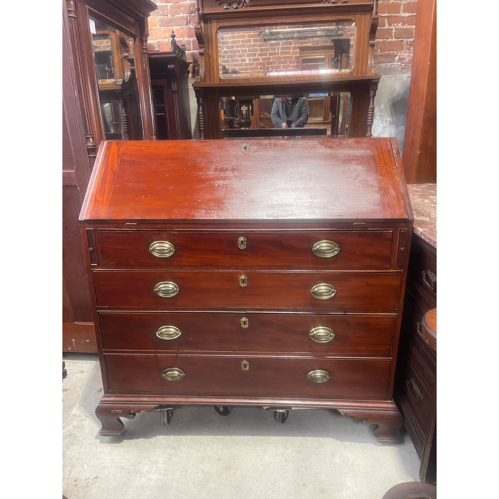 Antique 1800 Mahogany Chippendale Slant Front Desk Secretary Writing Bureau Art
