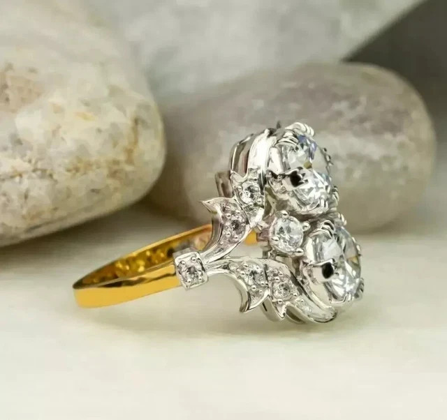 Vintage Art Deco Style Round Simulated Diamond Engagement 14K Gold Plated Ring